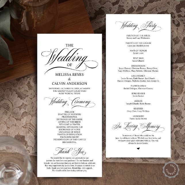 Elegant Black and White Script Wedding Ceremony Programme (Elegant Cream and Grey Script Wedding Ceremony Order Program Card in Black and White)
