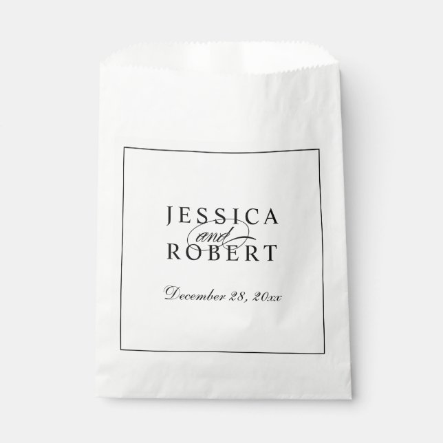 Elegant Black and White Script Wedding Favour Bags (Front)