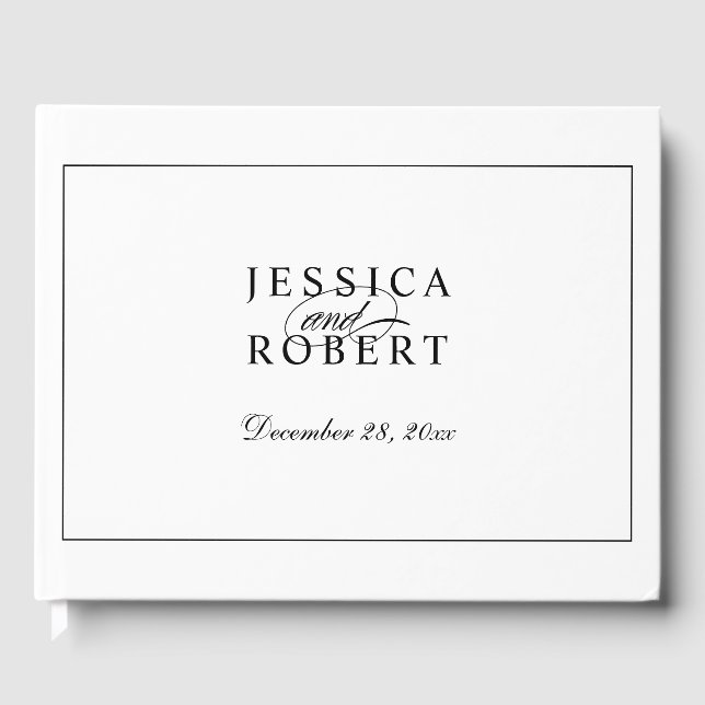 Elegant Black and White Script Wedding Guest Book (Front)