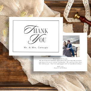Elegant Black and White Script Wedding Photo Thank You Card