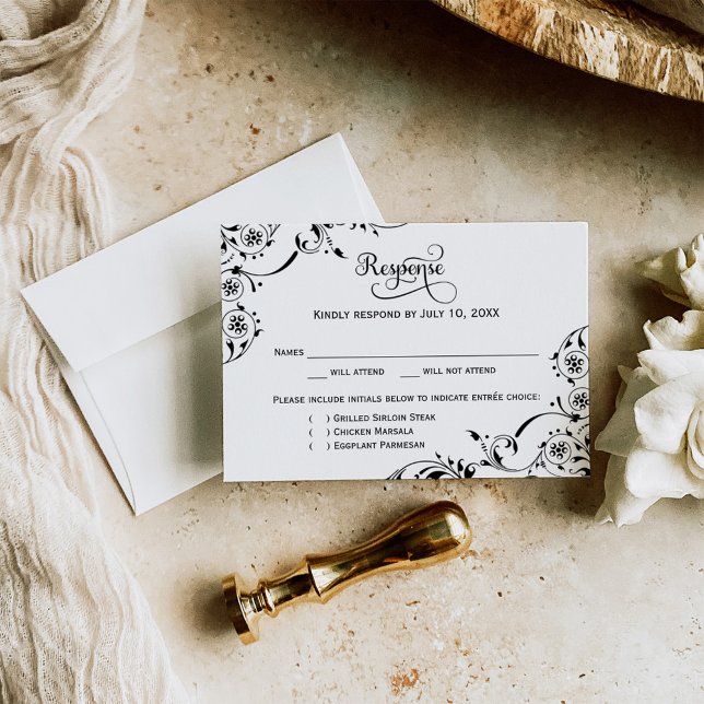 Elegant Black and White Scrolls Wedding RSVP Card (Creator Uploaded)
