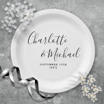 Elegant Black And White Signature Script  Wedding Paper Plate<br><div class="desc">Elegant signature black and white wedding paper plates personalised with signature style names and your special wedding date. Designed by Thisisnotme©</div>