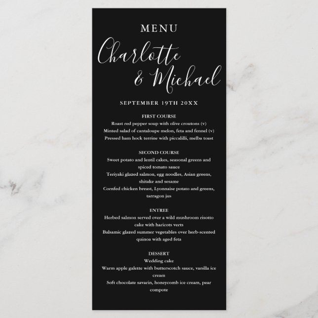 Elegant Black And White Signature Wedding Menu (Front)