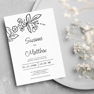 Elegant black and white simple floral wedding invitation