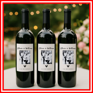 Elegant Black and White Simple Wedding Party PHOTO Wine Label