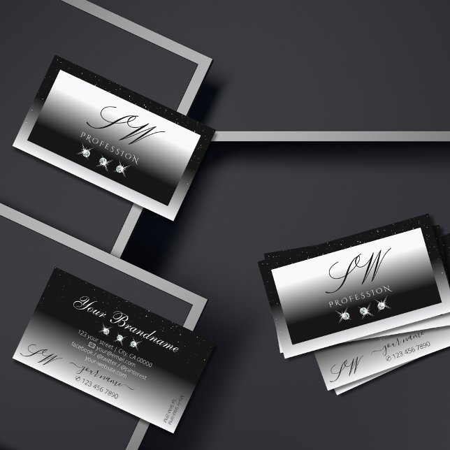 Elegant Black and White Sparkle Diamonds Monogram Business Card (Creator Uploaded)