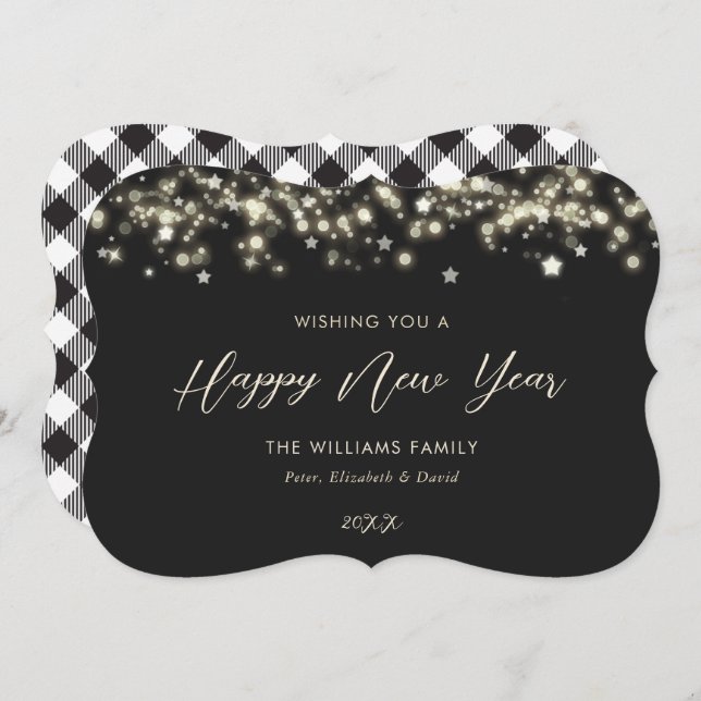Elegant Black and White Stars Happy New Year Card (Front/Back)