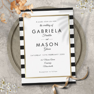 Elegant Black And White Stripe Gold Border Wedding Invitation