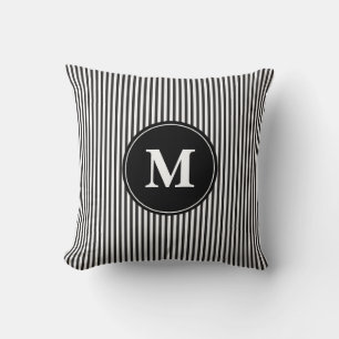 Elegant Black and White  Stripe Pattern Monogram Cushion
