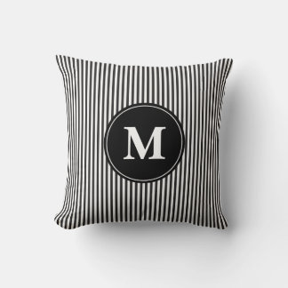 Elegant Black and White Stripe Pattern Monogram Cushion