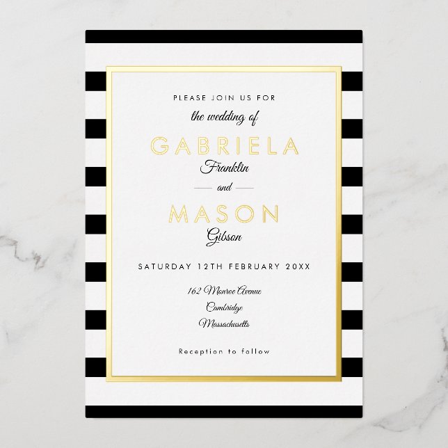 Elegant Black And White Stripe Wedding Gold  (Front)