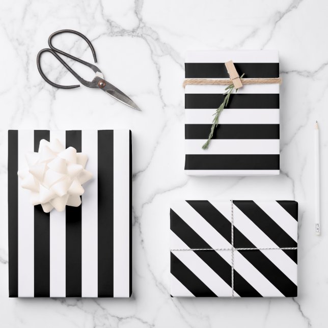 Elegant Black and White Stripe Wrapping Paper Sheet (Front)