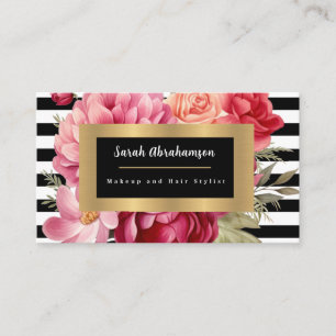 Elegant Black and White Striped Floral Business Card