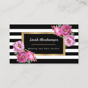 Elegant Black and White Striped Floral Business Card