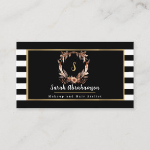 Elegant Black and White Striped Floral Business Card