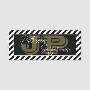 Elegant Black And White Striped: Gold Hue Monogram Name Tag