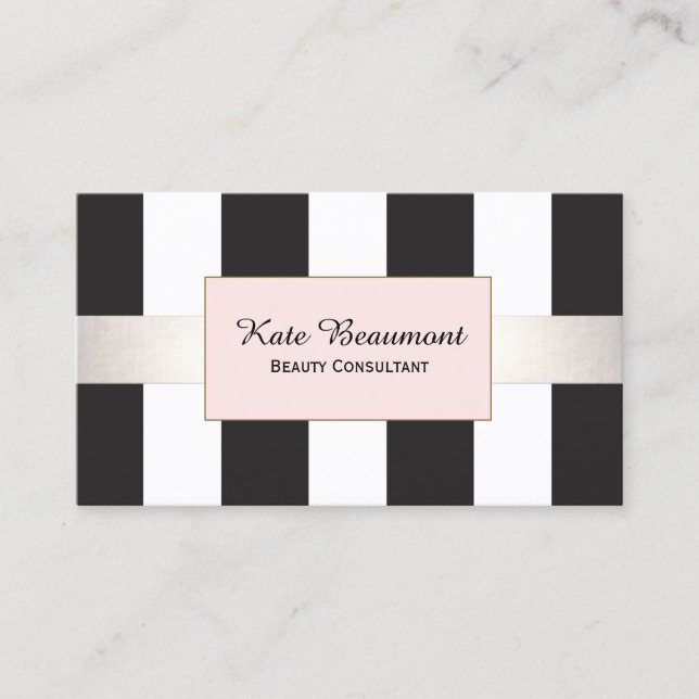Elegant Black and White Striped Pink Plaque Beauty Business Card (Front)