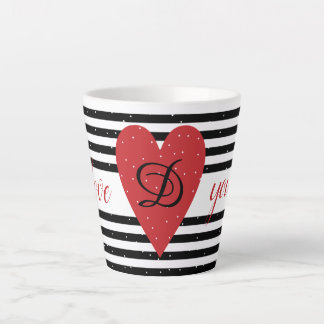 Elegant black-and-white stripes and red heart latte mug