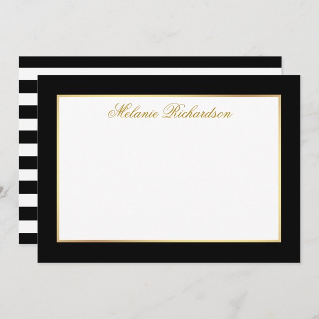 Elegant Black and White Stripes Gold Frame Card (Front/Back)