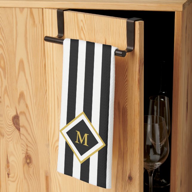 Elegant Black and White Stripes Gold Monogram Tea Towel (Thirds Fold)