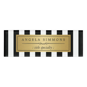 Elegant Black and White Stripes Gold Name Label Name Tag