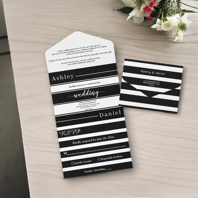 Elegant Black And White Stripes Modern Wedding All In One Invitation (Creator Uploaded)