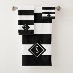 Elegant Black And White Stripes Monogram Bath Towel Set