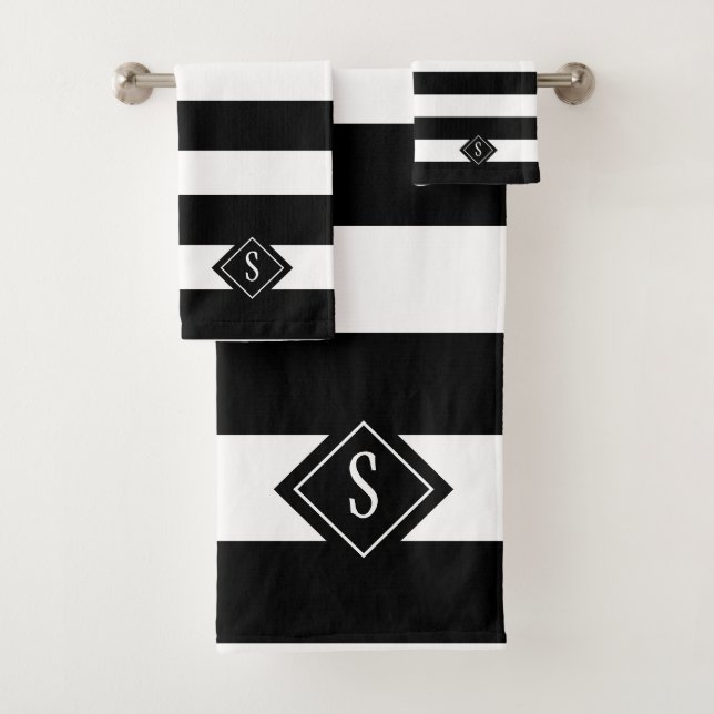 Elegant Black And White Stripes Monogram Bath Towel Set (Insitu)