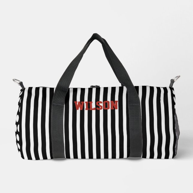 Elegant black and white stripes monogram name duffle bag (Front)