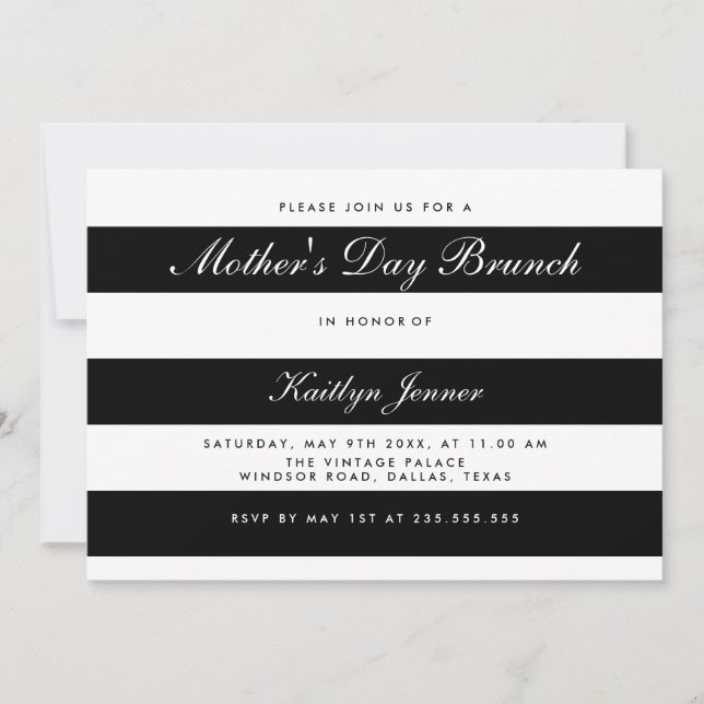 Elegant Black And White Stripes Mothers Day Brunch Invitation (Front)