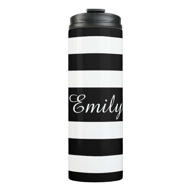 Elegant Black And White Stripes Name Thermal Tumbler (Front)