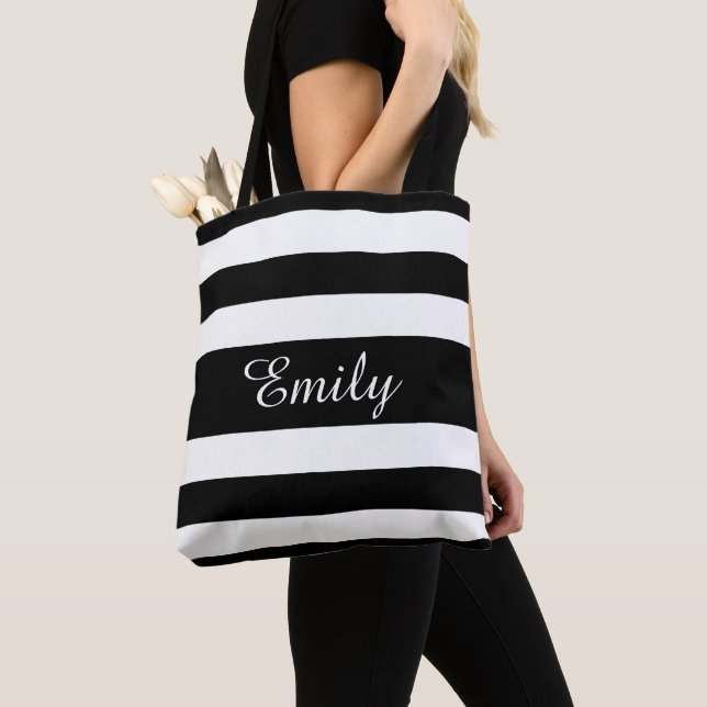 Elegant Black And White Stripes Name Tote Bag (Close Up)