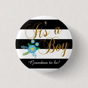 Elegant Black and White Stripes With Blue Floral 3 Cm Round Badge