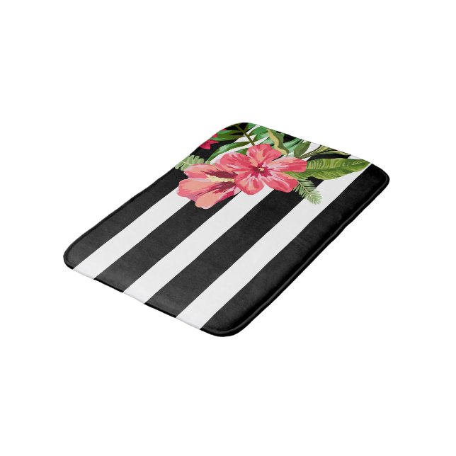 Elegant Black And White Stripes With Flowers Bath Mat (Angled)