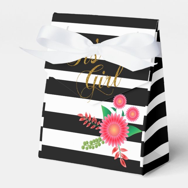 Elegant Black and White Stripes With Pink Floral Favour Box (Front Side)