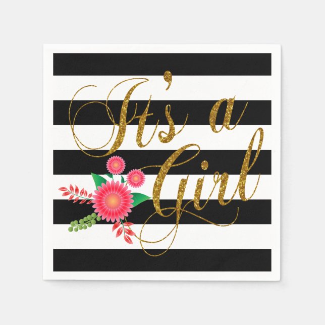 Elegant Black and White Stripes With Pink Floral Napkin (Front)
