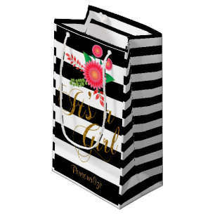 Elegant Black and White Stripes With Pink Floral Small Gift Bag