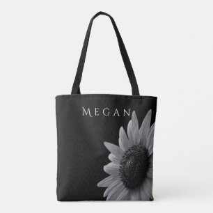 Elegant Black and White Sunflower Custom Your Name Tote Bag
