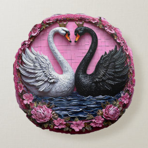 Elegant Black and White Swans with Crown Round Cushion