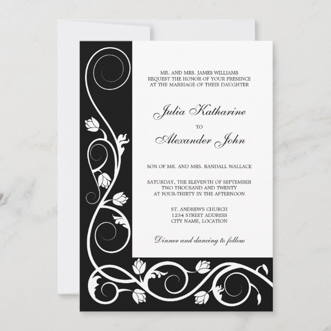 Elegant Black and White Swirls Invitation (Front)
