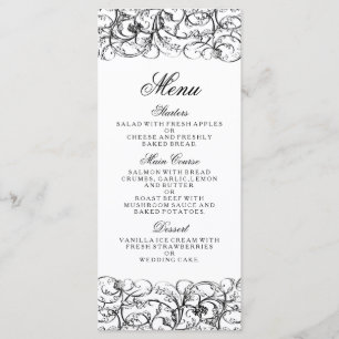 Elegant black and white swirls wedding menu