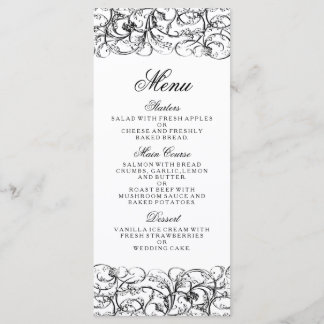 Elegant black and white swirls wedding menu