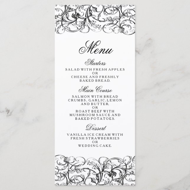 Elegant black and white swirls wedding menu (Front)