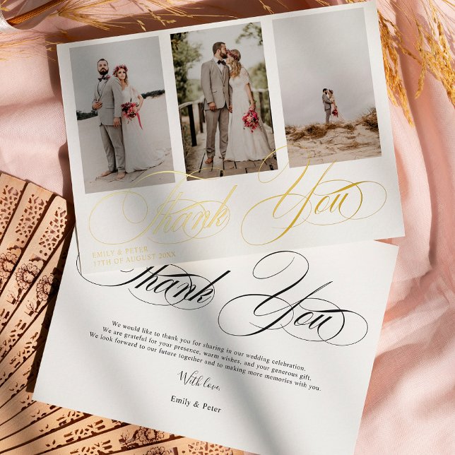 Elegant black and white thank you 3 photo wedding  (Elegant white thank you 3 photo wedding foil invitation)