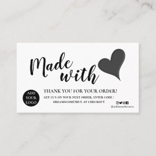 Elegant Black and white thank you made with love Business Card