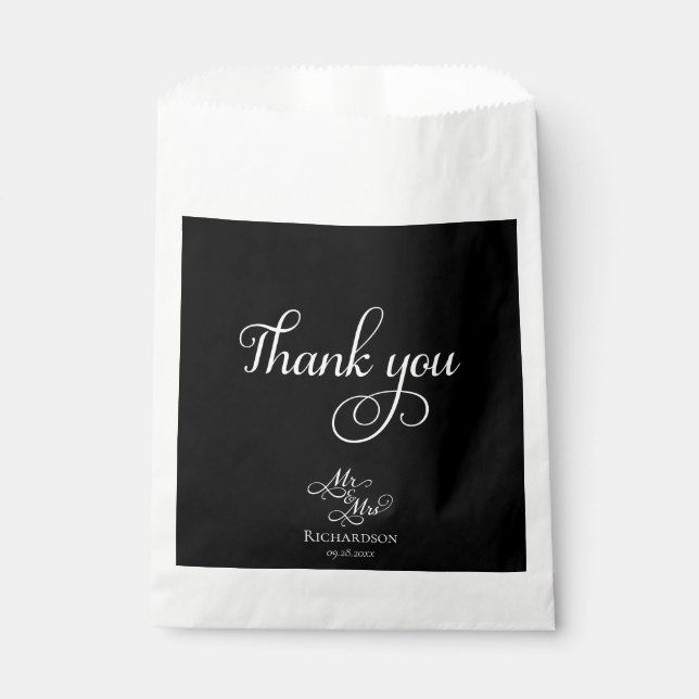 Elegant Black and White Thank You Wedding Favour Bags (Front)