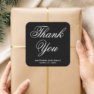 Elegant Black and White Thank You Wedding Favour Square Sticker