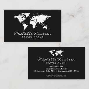 Elegant Black and White Travel Agent World Map     Business Card