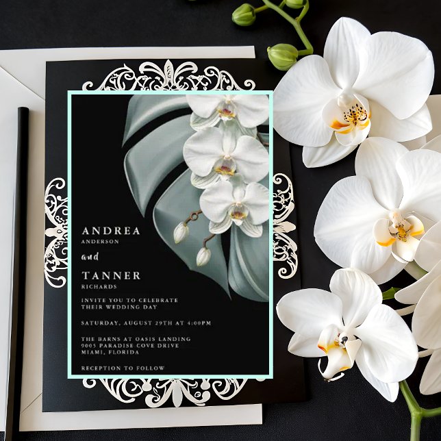 Elegant Black and White Tropical Orchids Wedding Invitation (Creator Uploaded)