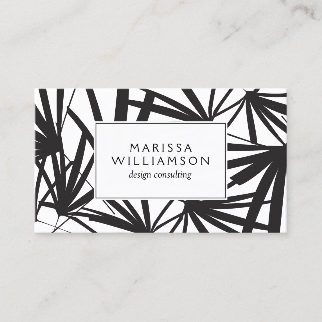 Elegant Black and White Tropical Palm Fronds Business Card (Front)